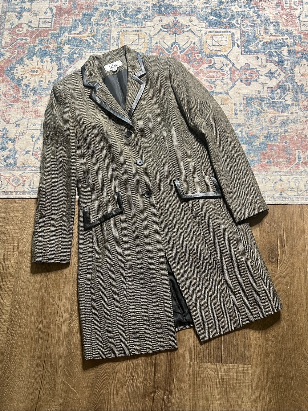 Le Suit herringbone overcoat set contrasting black leather trim on